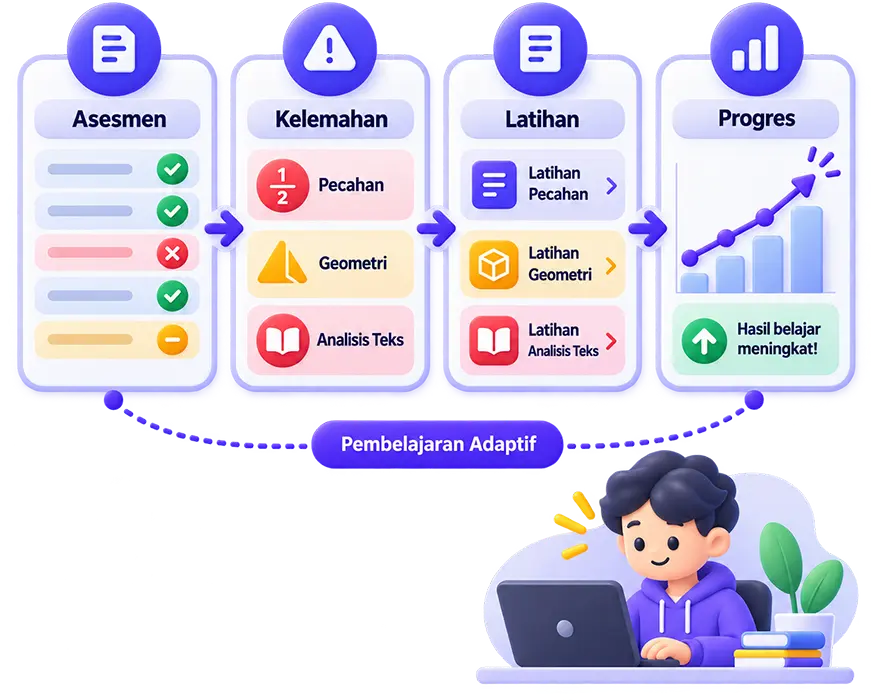 Ilustrasi alur asesmen, kebutuhan penguatan, dan progres belajar murid